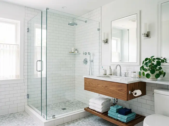 Spotless modern bathroom with fresh folded towels