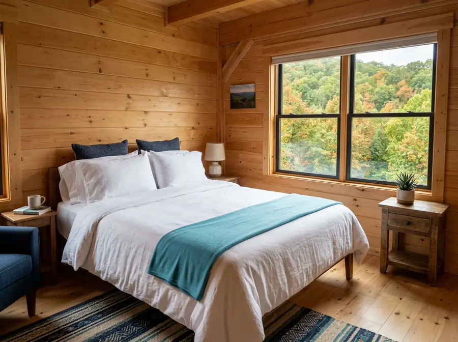 Freshly cleaned mountain cabin bedroom with a view of the forest