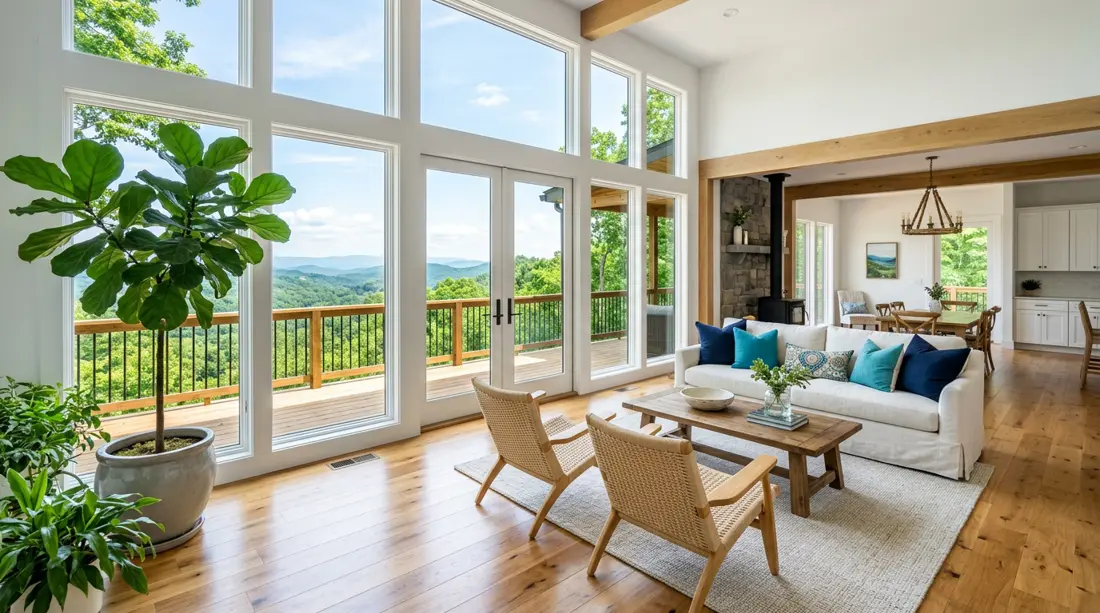 Bright, freshly cleaned mountain home living room with large windows overlooking green hills