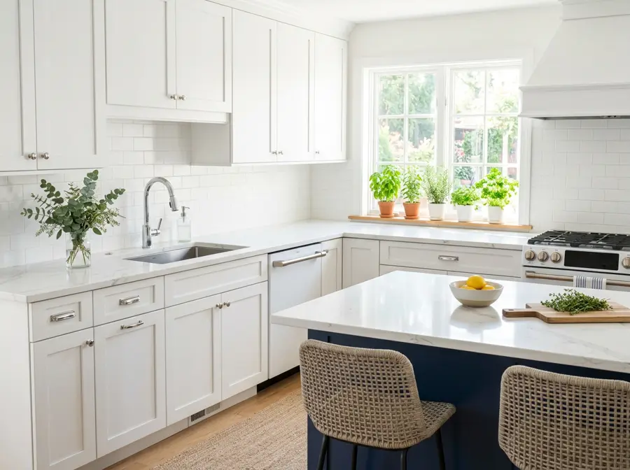 Sparkling clean white kitchen with fresh herbs on the windowsill