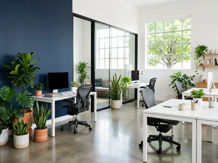 Clean, organized office with plants and polished floors